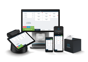 Hardware-Übersicht von ready2order: Das Kassensystem-Ökosystem zeigt Monitor, Tablet-Kassensystem, Bondrucker, mobiles Kartenlesegerät, Smartphone-App und Handheld-Terminal – alle mit der ready2order-Oberfläche.
