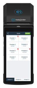 Das ready2order readyGo Handheld-Terminal in der Frontansicht: Das mobile Gerät kombiniert Touchscreen-Kassensoftware, integrierten Bondrucker und kontaktloses Kartenlesegerät in einem kompakten Gehäuse.