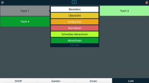 Kassenoberfläche von ready2order im Café-Bereich: Ein Tisch ist ausgewählt, das Aktionsmenü zeigt Optionen wie Bestellen, Übersicht, Umbuchen, Stornieren und Abrechnen.