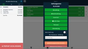 Zahlungsarten-Auswahl in ready2order für eine Abrechnung von 10,10 EUR: Verfügbare Optionen sind Barzahlung, Kartenzahlung, Gutschein, Auf's Haus, Personal und Überweisung, ergänzt durch MwSt.-Einstellungen und eine Rechnungsvorschau.